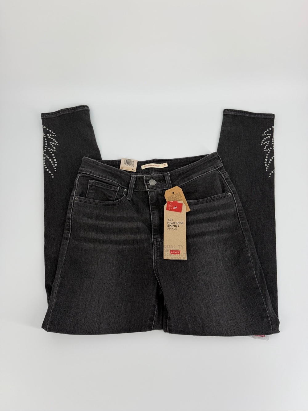 Levi’s 721 High Rise Skinny Ankle Jeans Women’s 4 W27 Black Studded Stretch - Picture 5 of 16